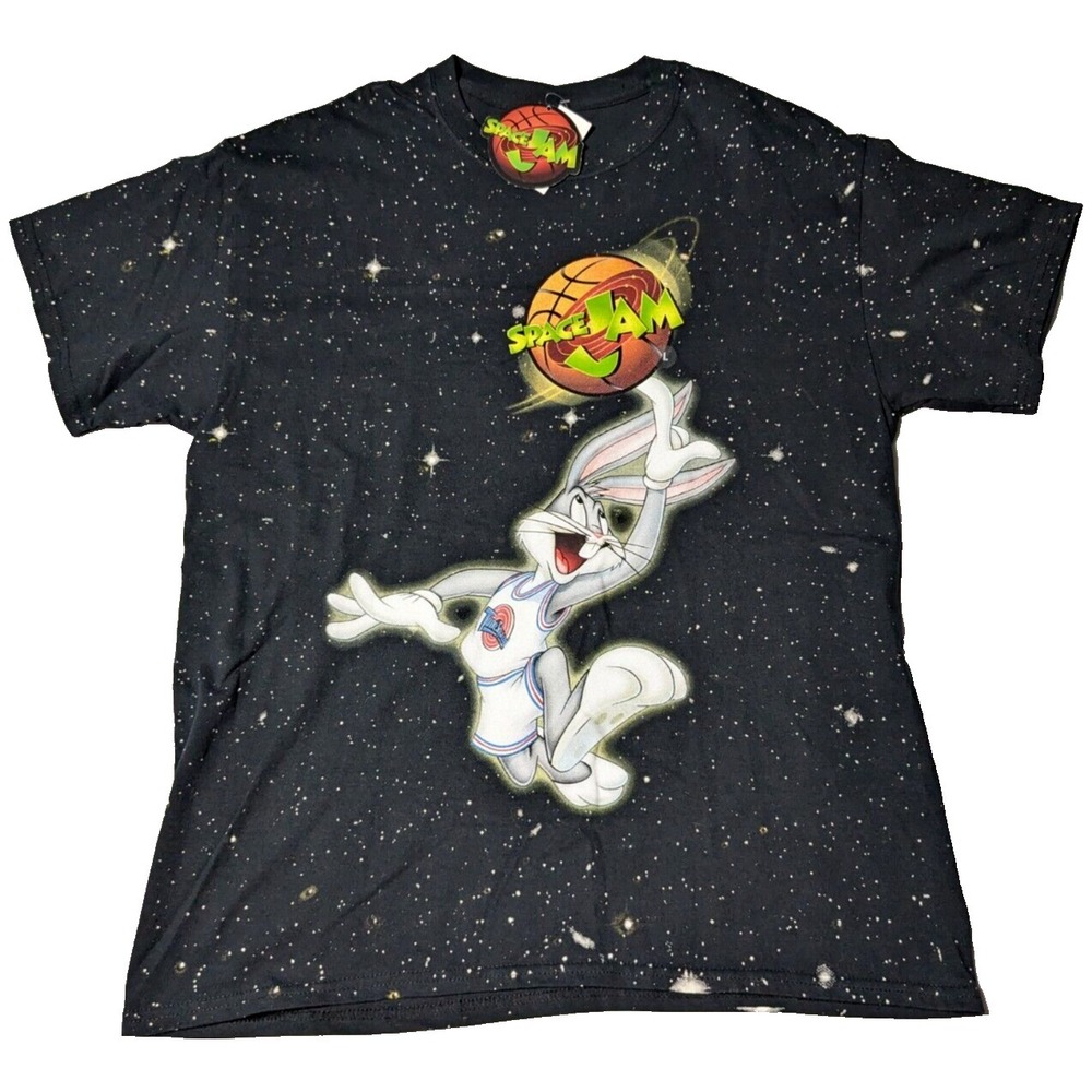 SPACE JAM X PACSUN BUGS BUNNY Men Large Black Cotton STARS AOP‎ T-Shirt NEW